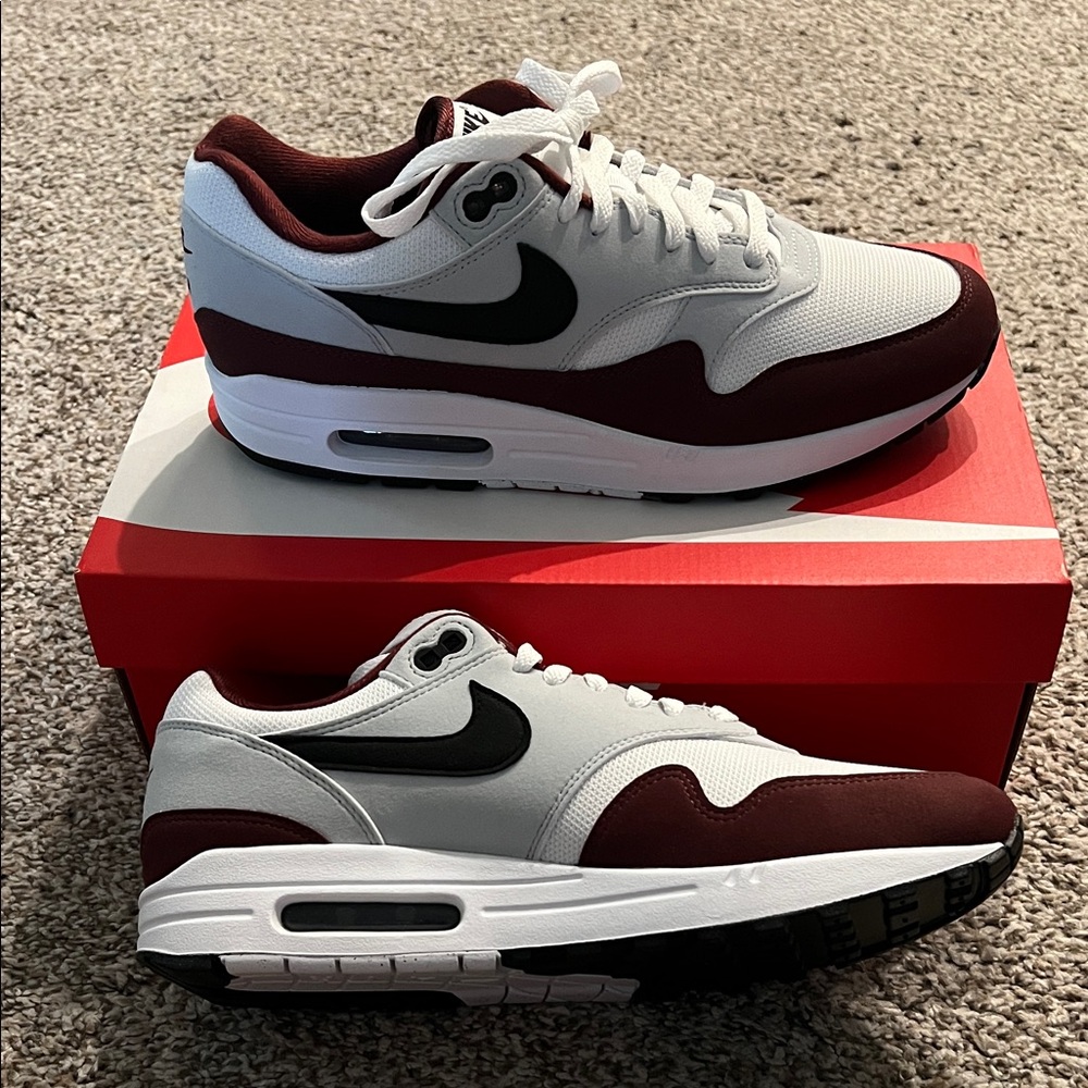 New in Box Nike Air Max 1 Sneakers - White, Burgundy Red and Black - Picture 2 of 9